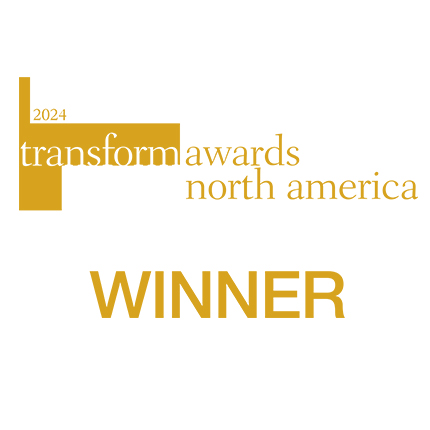 Logo that says in gold 2024 transform awards north america winner in gold