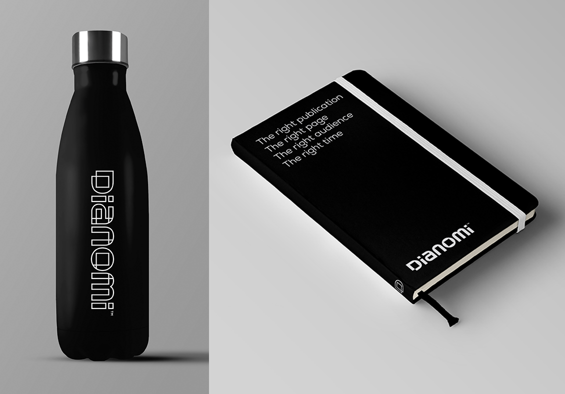 New Dianomi logo on a water bottle and notebook