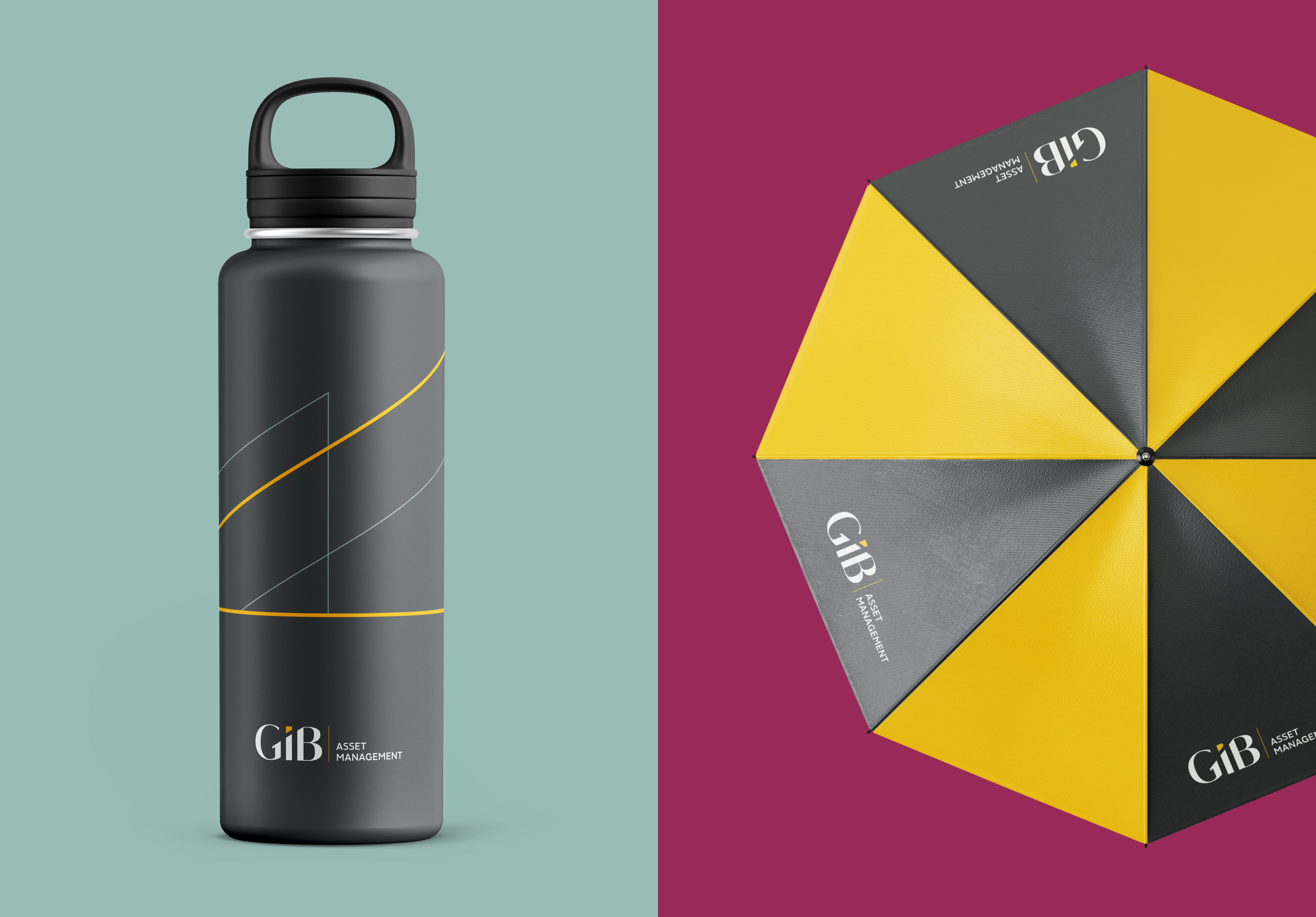 New GIB brand on a water bottle and umbrella