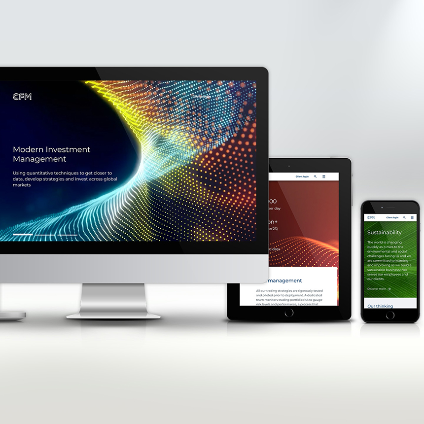 CFM brand refresh shown on desktop, ipad and mobile