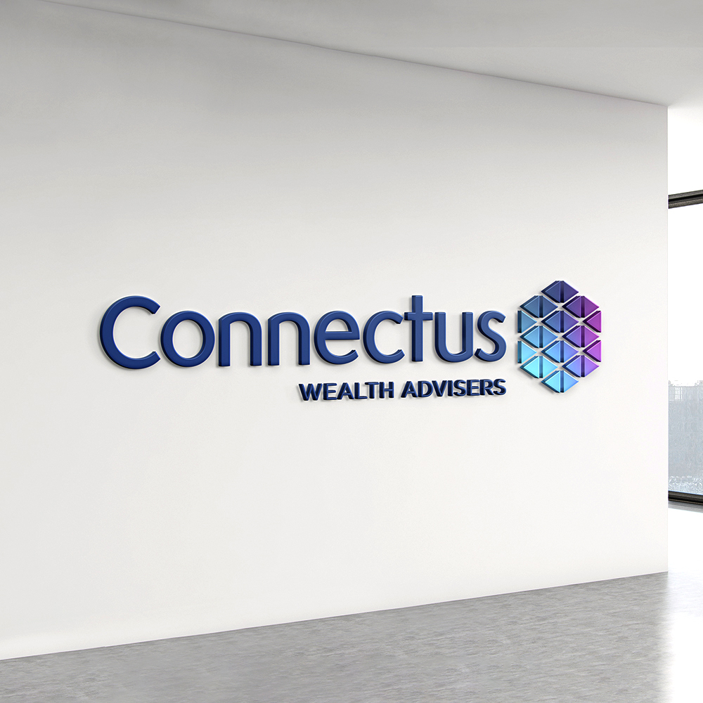 A wall displays the logo of Connectus Wealth Advisers, featuring blue and purple geometric shapes