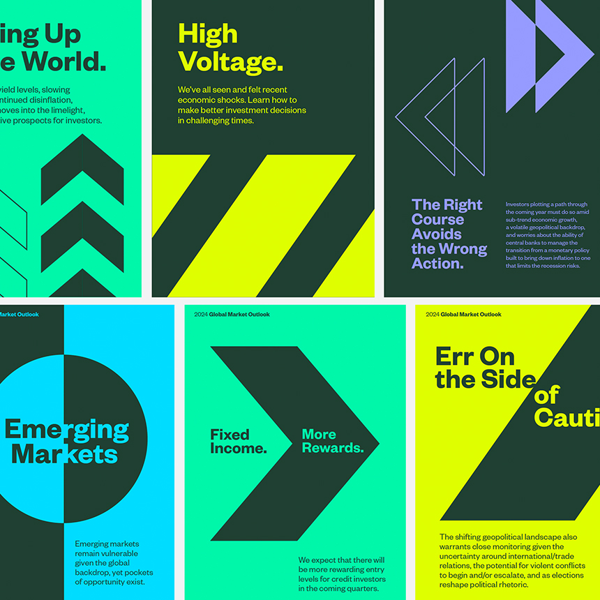 SSGA's sustainable investing campaign headlines displayed on different colour reports