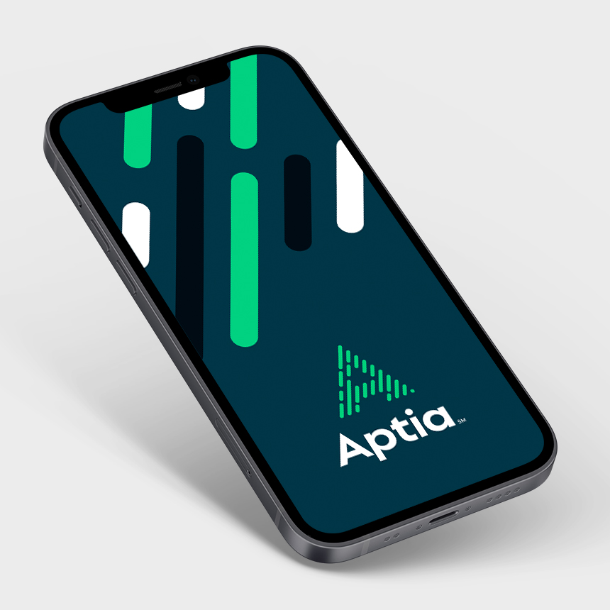 Smartphone displaying the Aptia logo and abstract green and white design on the screen