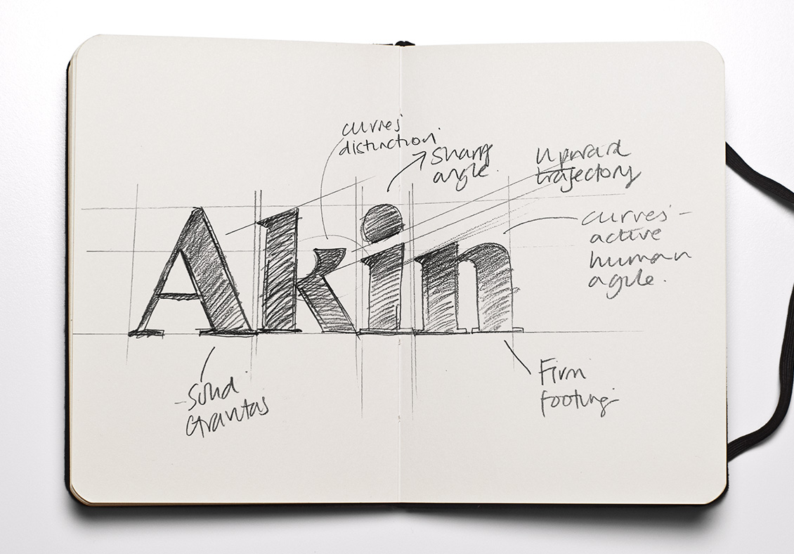 Akin logo design brainstorm on a notebook