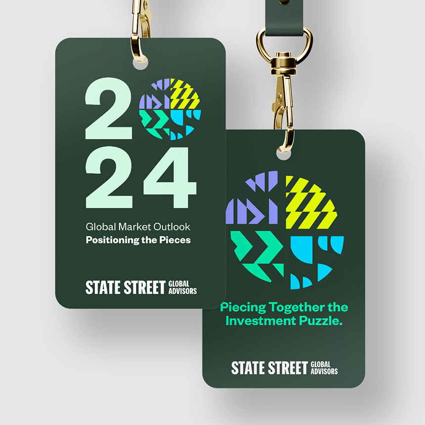 Two State Street Global Advisors green tags with date and graphics 