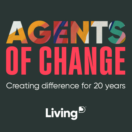 Graphic with the phrase "Agents of Change" in bold, bright text on a dark background. Below, a tagline reads "Creating difference for 20 years" in smaller, white font. 